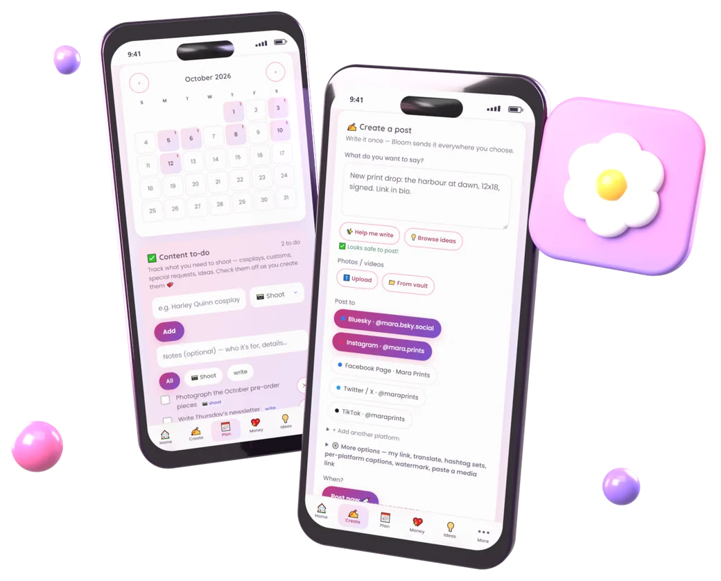 La app Bloom en dos teléfonos: una publicación escrita para Bluesky e Instagram, y el calendario de publicaciones del mes.