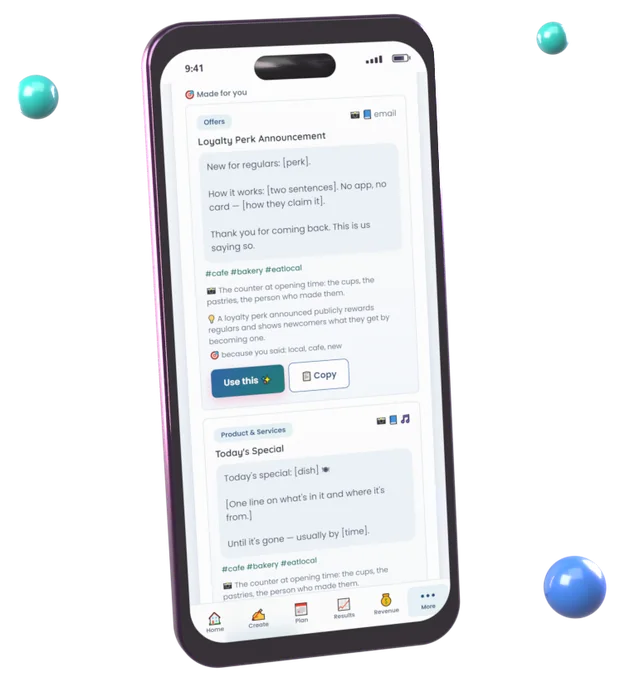 Bloom’s Business workspace on a phone: post ideas made for a neighbourhood bakery, a loyalty perk announcement and a today’s special, with local hashtags.