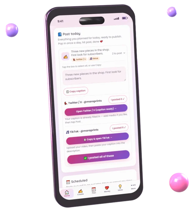 Bloom’s Post today screen on a phone: a planned post with its caption ready to copy, and buttons that open X and TikTok with it.