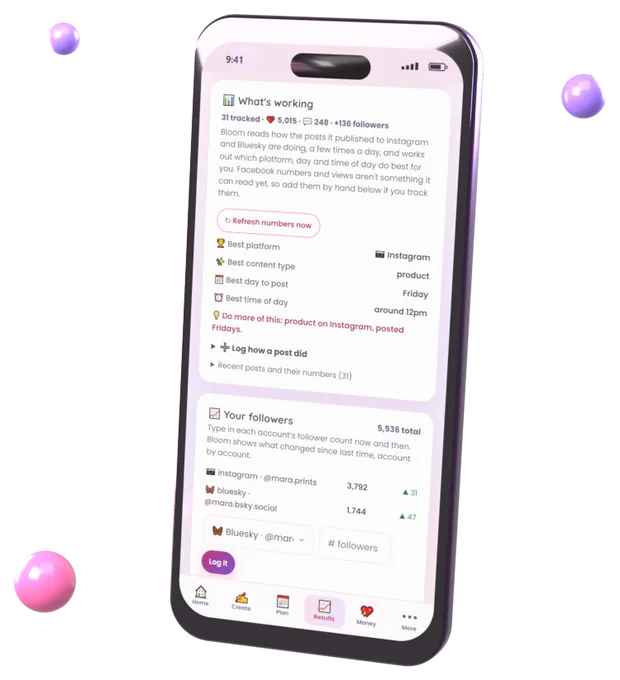 Bloom’s Results screen on a phone: the best platform, content type, day and time to post, worked out from the creator’s own posts, and follower counts by account.